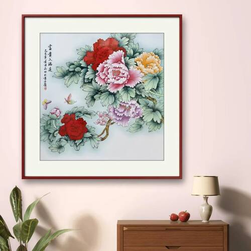 景德镇手绘粉彩瓷板画叶迪飞老师工笔牡丹富贵入瑞庭家居装饰壁画