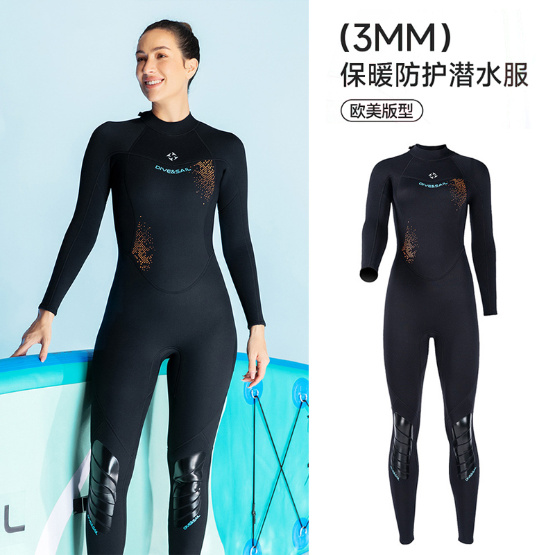 代夫赛尔3MM保暖潜水服女加厚连体长袖潜水衣大码冲浪浮潜冬泳衣