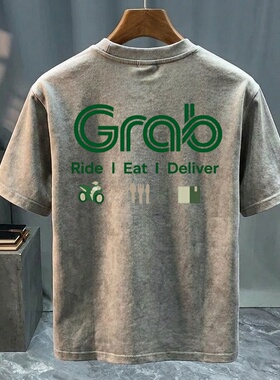夏季新款潮流短袖T恤男美式休闲复古Grab棉重磅大码上装半袖女