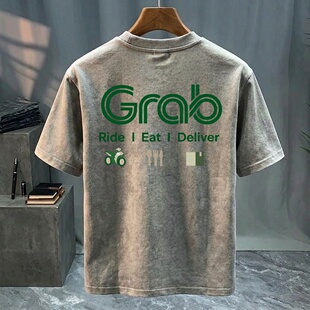 夏季新款潮流短袖T恤男美式休闲复古Grab棉重磅大码上装半袖女