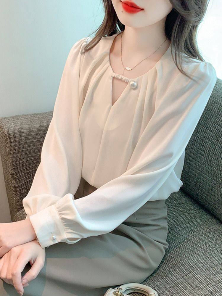 缎面长袖衬衫女秋季新款设计感别致宽松雪纺衫气质通勤显瘦蕾丝衫