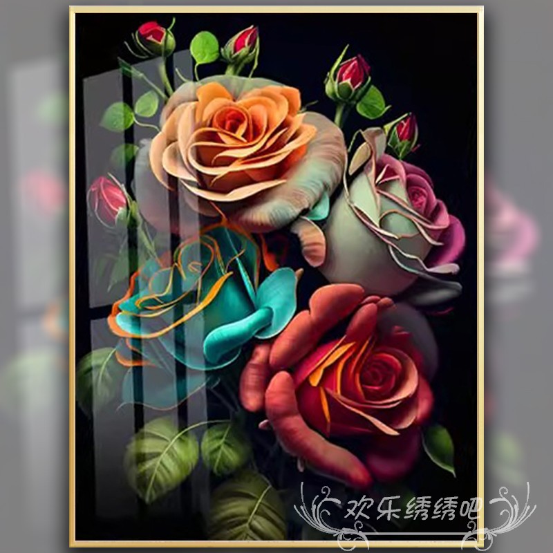七彩玫瑰十字绣2025新款客厅玄关点钻砖石贴画手工diy钻石绣满钻