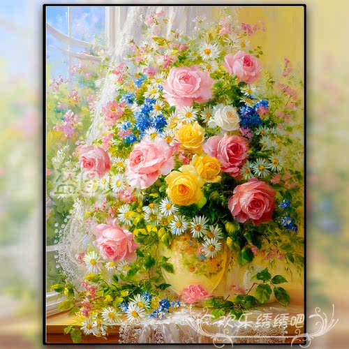 十字绣2026新款满绣现代简约风窗台玫瑰花瓶刺绣钻石画手工贴钻画