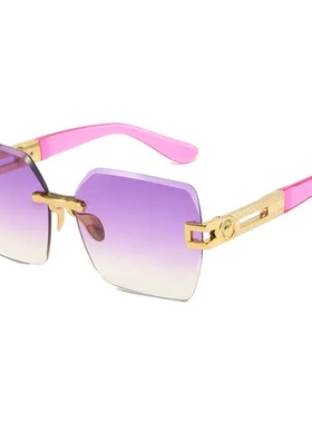 新款通勤太阳镜女士欧美无框2023sun方形钻石切边墨镜glasses时尚