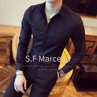 休闲衬衫男式长袖2025年春秋新款韩式时尚修身棉黑色男式白衬衫