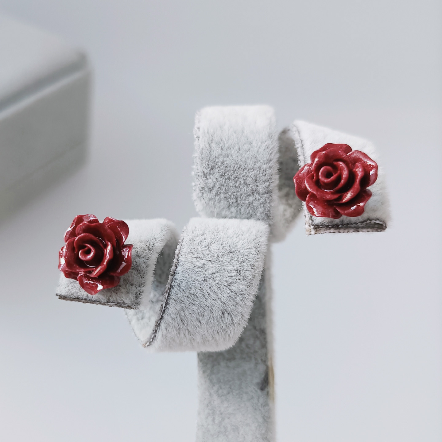 朱砂玫瑰花耳钉925纯银红色耳饰