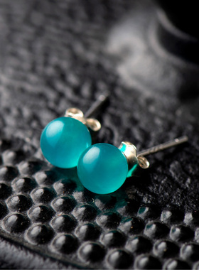 天然冰种天河石925纯银耳钉亚马逊蓝绿色玉石玉石养耳耳钉防过敏