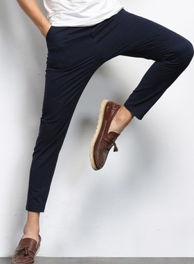korean Casual Pants Men Elastic Ankle-Length Formal Trousers
