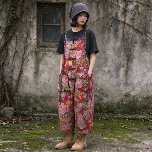 赴野I复古新中式老布拼接宽松遮肉个性背带裤女秋季新款M00114