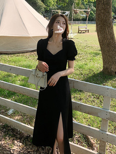 法式 小黑裙 气质方领显瘦赫本风开叉长款 夏装 黑色连衣裙女2023新款