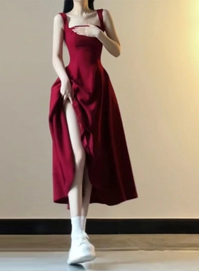 御姐吊带红色连衣裙子女