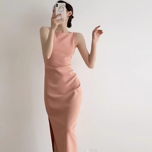 法式 一字领收腰开衩连衣裙女高级感气质显瘦吊带裙子 肯豆 经典
