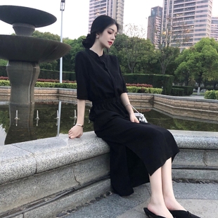 黑色连衣裙 收腰显瘦气质长裙高级感雪纺赫本风中袖 夏季 裙子女长款