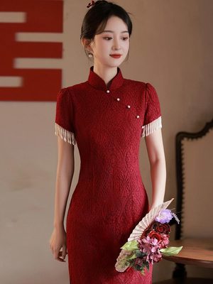 红色中式订婚礼服连衣裙