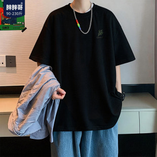 宽松圆领简约休闲半袖 胖胖哥竹林印花纯棉短袖 大码 夏季 潮 t恤男款