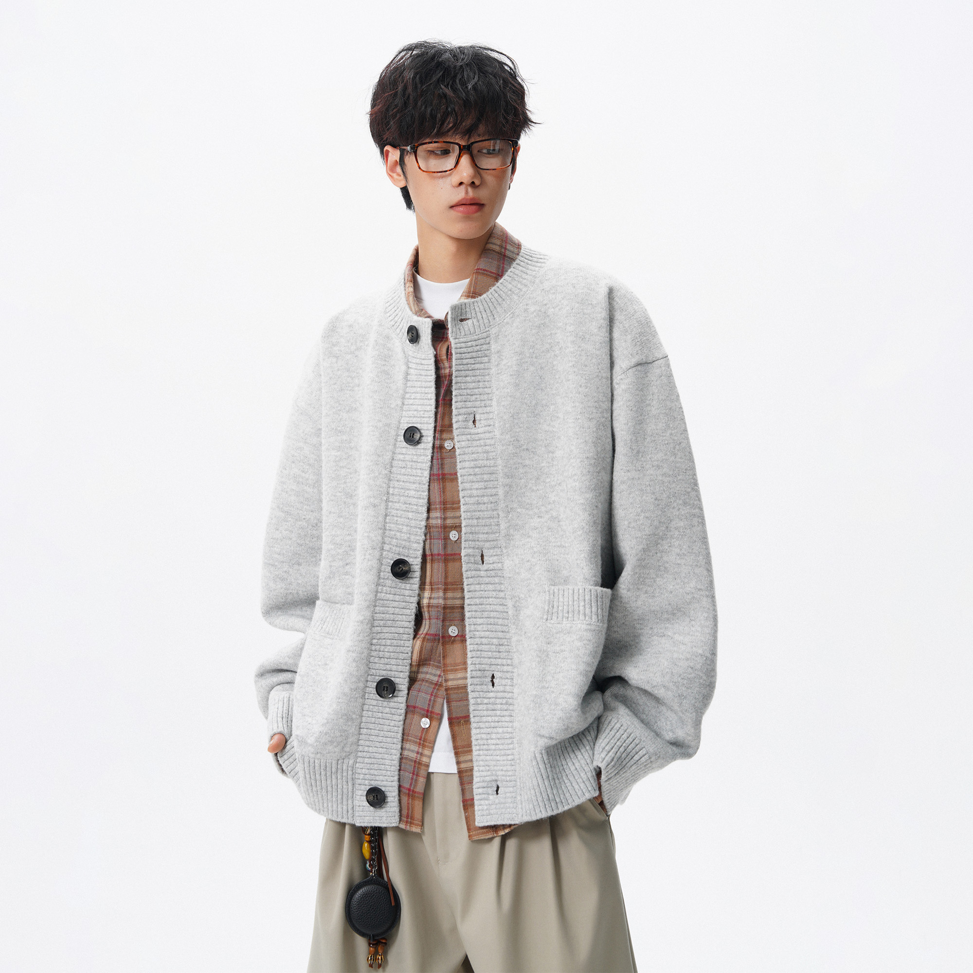 胖胖哥美式羊毛混纺毛衣开衫男秋季慵懒风针织衫大码宽松休闲外套