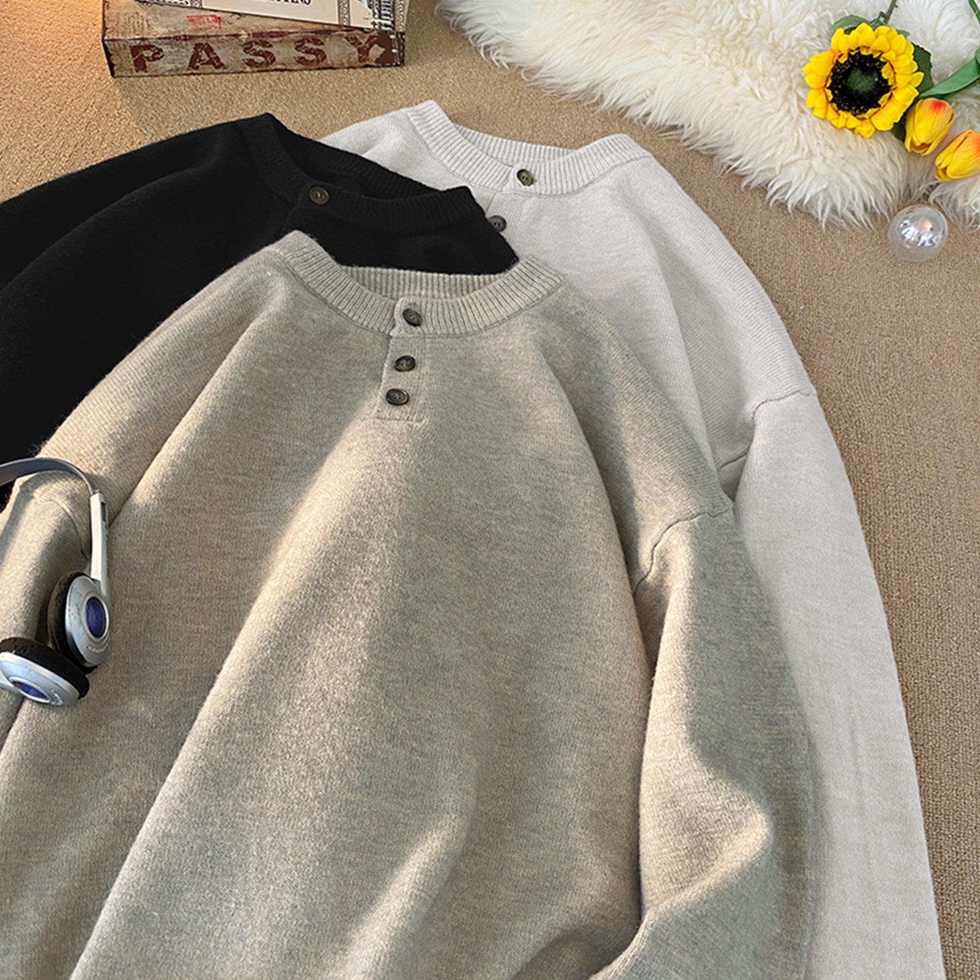 胖胖哥日系复古亨利领毛衣秋季慵懒感大码宽松休闲套头针织上衣潮