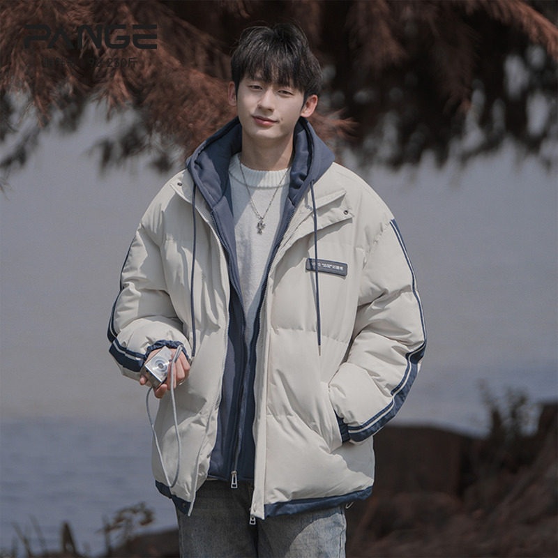 胖胖哥日系假两件连帽棉服男冬季大码宽松面包服男生棉衣冬装外套