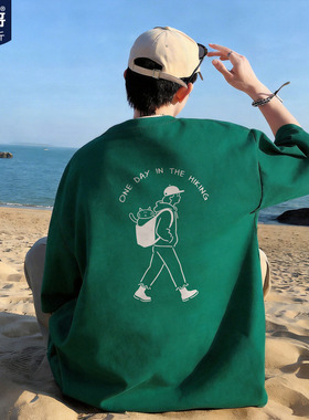 胖胖哥美式墨绿色短袖t恤男夏季大码加肥宽松高级感纯棉五分袖潮