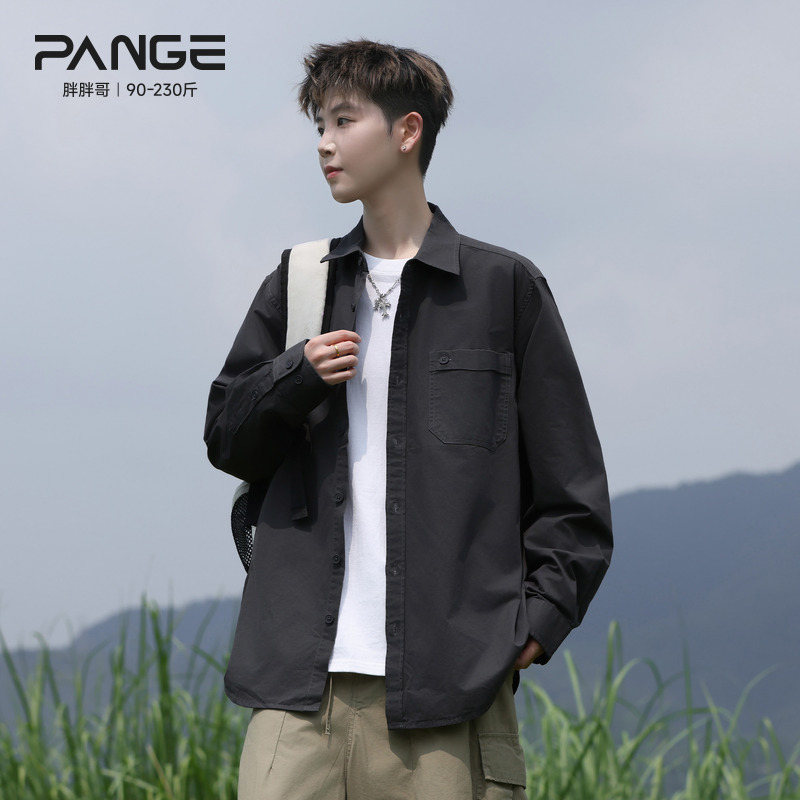 胖胖哥黑色纯棉工装长袖衬衫男秋季大码宽松独特休闲百搭衬衣外套
