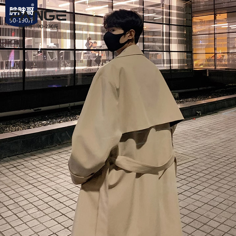 胖胖哥风衣男款春秋季中长款双排扣大衣韩版翻领宽松大码外套休闲