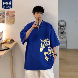 胖胖哥美式马不停蹄短袖t恤男夏季大码设计感高街宽松纯棉五分袖