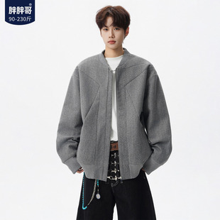 胖胖哥美式解构拼接毛呢外套男冬季加棉休闲复古棒球服棉衣夹克