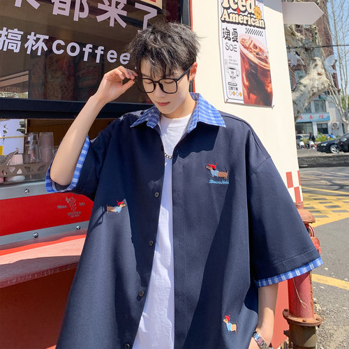 胖胖哥美式腊肠狗刺绣短袖衬衫夏季潮流痞帅T恤大码宽松男款外套