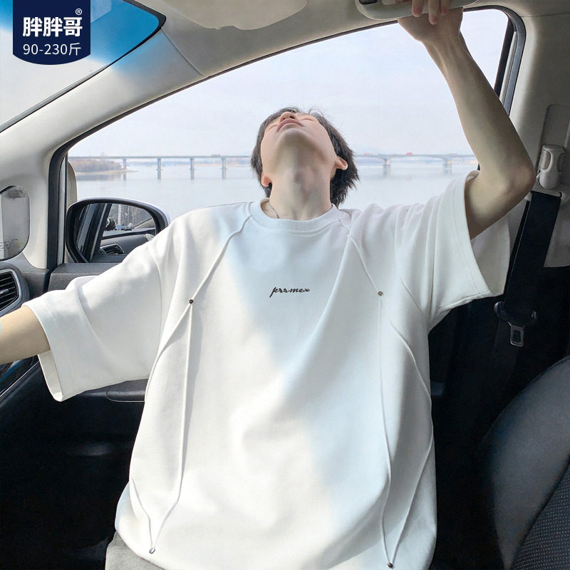 胖胖哥美式铆钉拼接款短袖T恤男夏季大码男生设计感五分袖上衣潮图片
