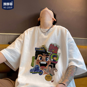 潮牌纯棉宽松大码 重磅卡通印花短袖 t恤男夏季 胖子潮流ins打底体恤