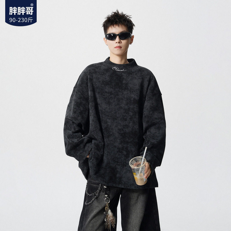扎染德绒长袖T恤男冬季重磅保暖内搭宽松大码男生卫衣打底衫上衣