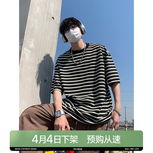 痞帅休闲体恤男生宽松大码 胖胖哥条纹短袖 T恤男新款 夏季 上衣男款