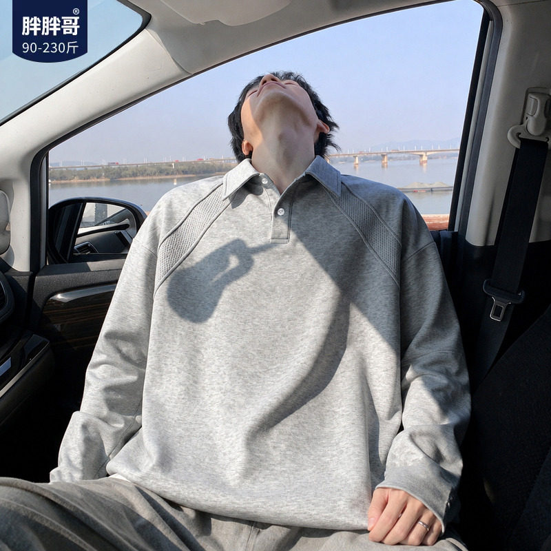 胖胖哥美式重磅拼接POLO衫男秋季潮牌翻领复古大码宽松长袖上衣
