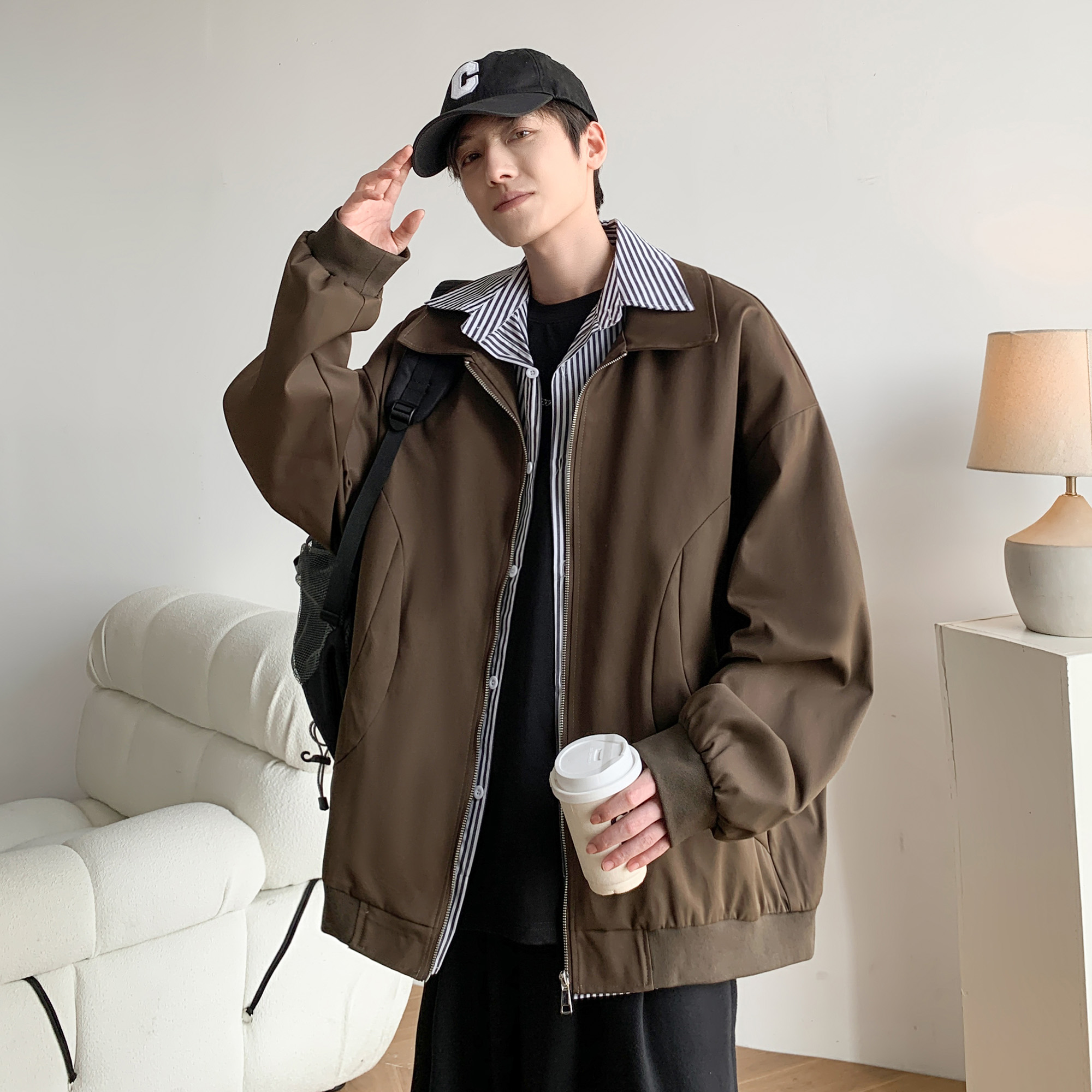 胖胖哥假两件夹克外套秋季男棕色潮流痞帅大码宽松百搭休闲上衣