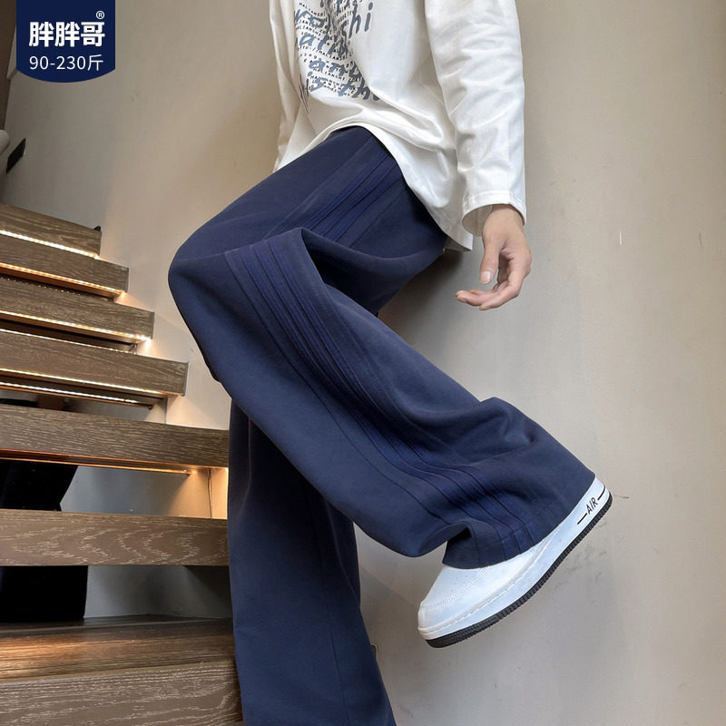 胖胖哥美式条纹运动卫裤男冬季加绒复古大码宽松阔腿裤子休闲裤潮