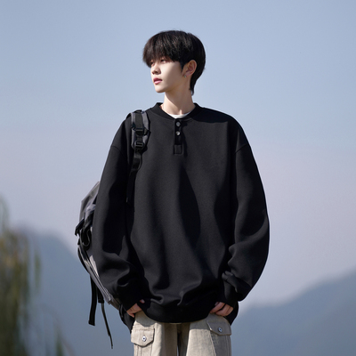 胖胖哥美式亨利领长袖t恤男秋大码高级感cleanfit卫衣内搭打底衫