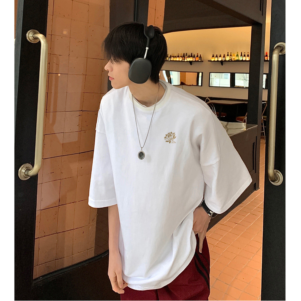 胖胖哥美式剪纸荷花男士短袖t恤夏季潮流纯棉男式宽松大码五分袖