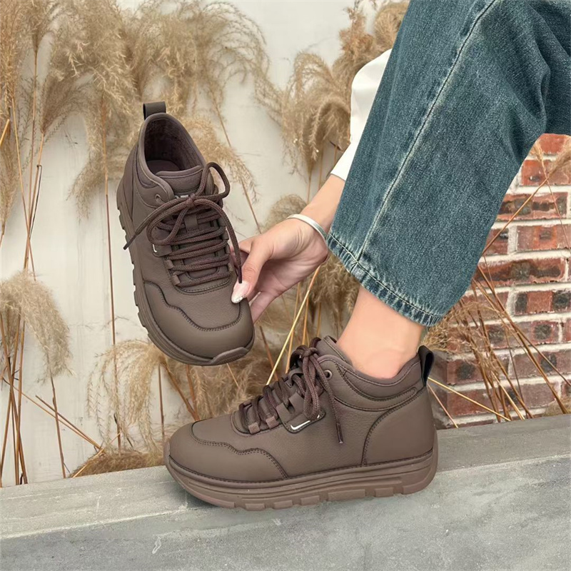 依婷公主真皮高帮鞋女2025秋冬新款厚底加绒休闲运动鞋百搭老爹鞋