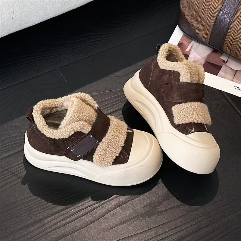 2025冬季新款加绒保暖高帮板鞋女 魔术贴休闲鞋 真皮羊羔毛厚底鞋