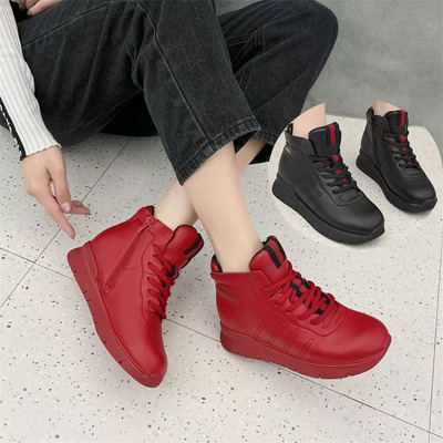 依婷公主加绒保暖休闲鞋女2024年冬季新款防滑内增高厚底加绒短靴