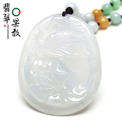 X24259果敢翡翠 晴水翡翠凤戏牡丹玉牌挂件玉坠缅甸A货玉石吊坠