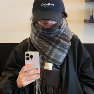 格子围巾女生冬季蓝色格纹针织围脖防寒保暖护颈韩系氛围感加厚男