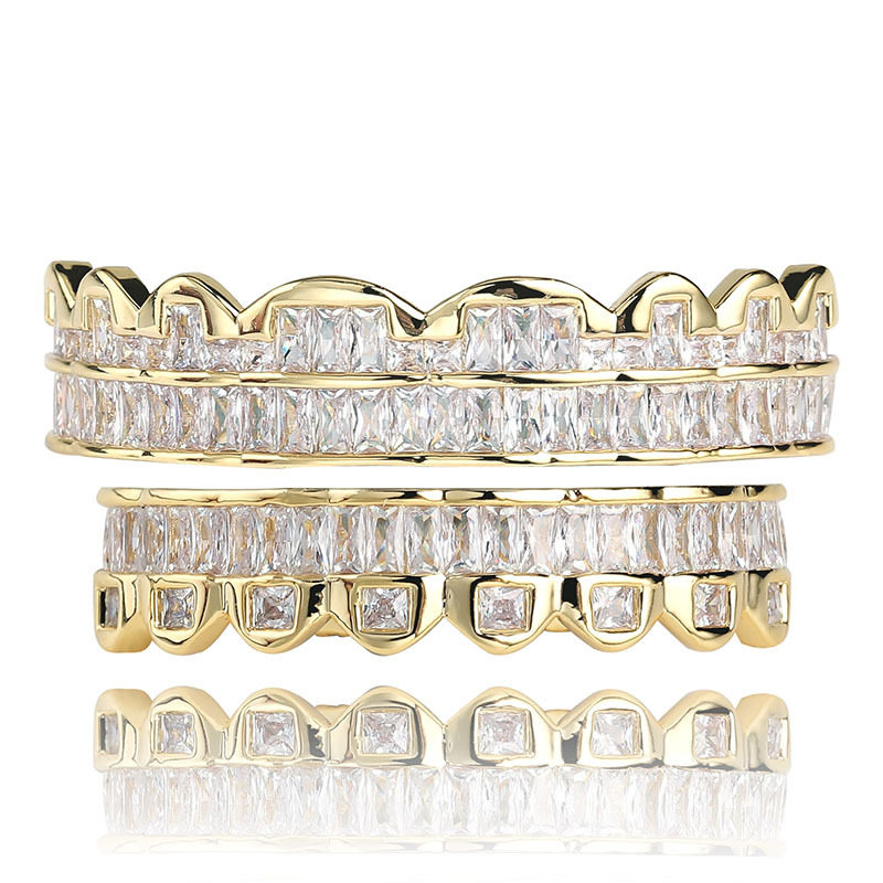 欧美跨境热卖嘻哈牙套镀金镶钻金牙齿hiphop grillz嘻哈牙套Bling