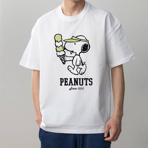 PEANUTS史努比拿冰淇淋彩色印花夏季情侣装全棉短袖T恤男女大码