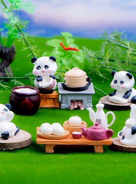 熊猫做包子场景小摆件微景观做饭厨房手办米缸茶壶灶台桌面装饰