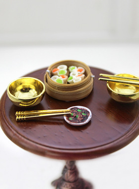仿真迷你饭碗筷子DOLLHOUSE娃娃屋DIY配件微缩模型玩具金色银色碗