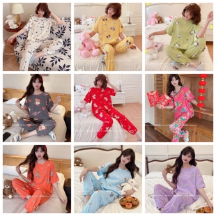 梵熙语fanxiyu新款春夏针织纯棉中短袖长裤睡衣女卡通宽松家居服