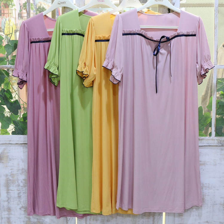 莎麗薇特價(jià)新家居服睡裙女士夏季短袖寬松大碼坑條莫代爾棉睡衣