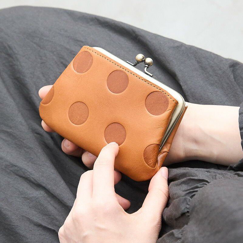 日本制Kanmi. 糖果波点口金牛皮纯手工钱包复古风K24-86