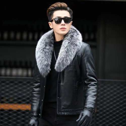 海宁真皮皮衣男皮毛一体男短款可拆卸狐狸毛领修身绵羊皮夹克外套